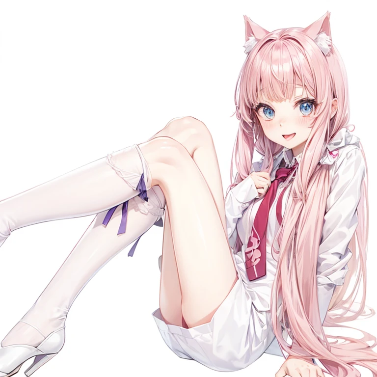 cute anime girl with pink hair and white shirt and purple tie, holo is a cat girl, sticking her tongue out, very beautiful anime cat girl, anime catgirl, cute anime catgirl, white cat girl, holo if a wolf girl, pink twintail hair and cyan eyes, beautiful anime catgirl, nekomimi, nyaruko-san, (anime girl)