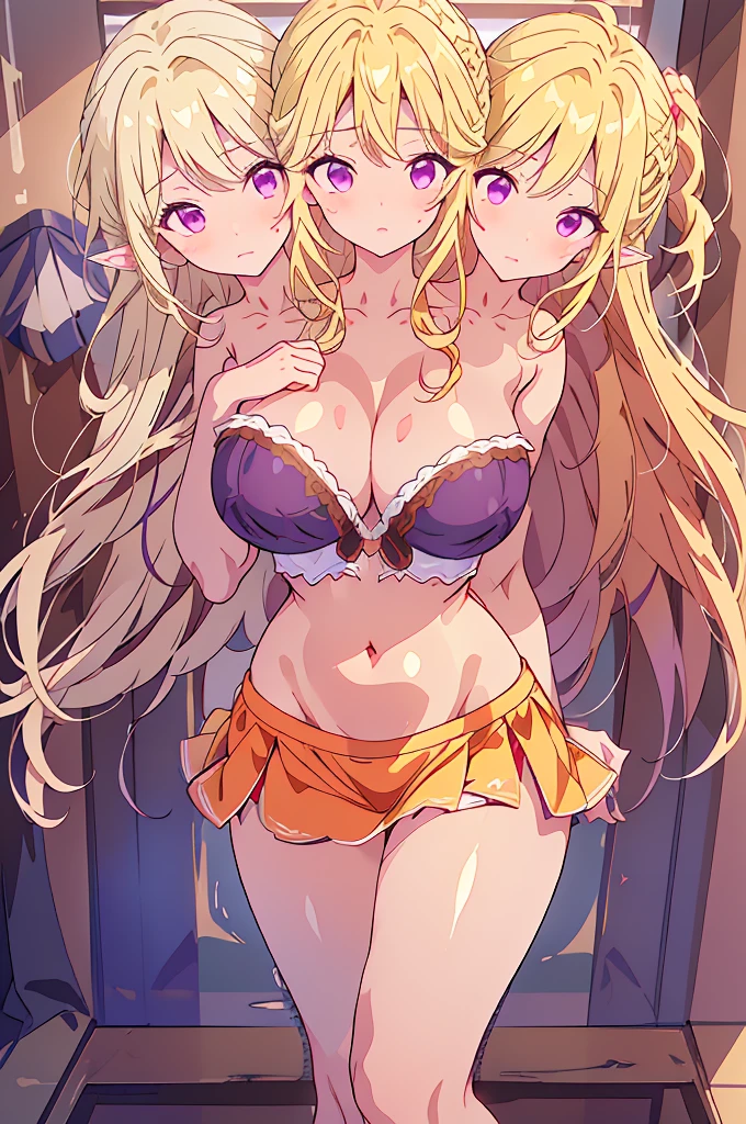 (masterpiece, best quality), best quality, (ultra-detailed), (3heads:1.5), 1girl, (elis:1.3), masterpiece, best quality, ultra quality, ultra resolution, ultra detail, white top, crop top, ((stomach)), midriff, ((groin)), red skirt with strange purple markings along its hem, miniskirt, normal ears, midriff, blonde hair, very long hair, wavy hair, sidelocks, purple eyes, parted lips, sweat, cute, toned belly, hand on own chest, eyelashes, (25 year old woman:1.3), (masterpiece:1.5), (best quality:1.5), (beautiful detailed), extremely detailed CG, extremely delicate and beautiful, depth of field, (finely detailed face), (perfect details:1.2), (mature female:1.3), wide pelvis, slender, large veiny breast, 16k resolution, highres, very high quality, very high definition, extremely detailed, masterpiece, blonde long hair, alluring presence, twin braid, short skirt, close up, very big tits, huge tits, young, red bow, purple bat wings, nsfw, open belly, ((blonde))