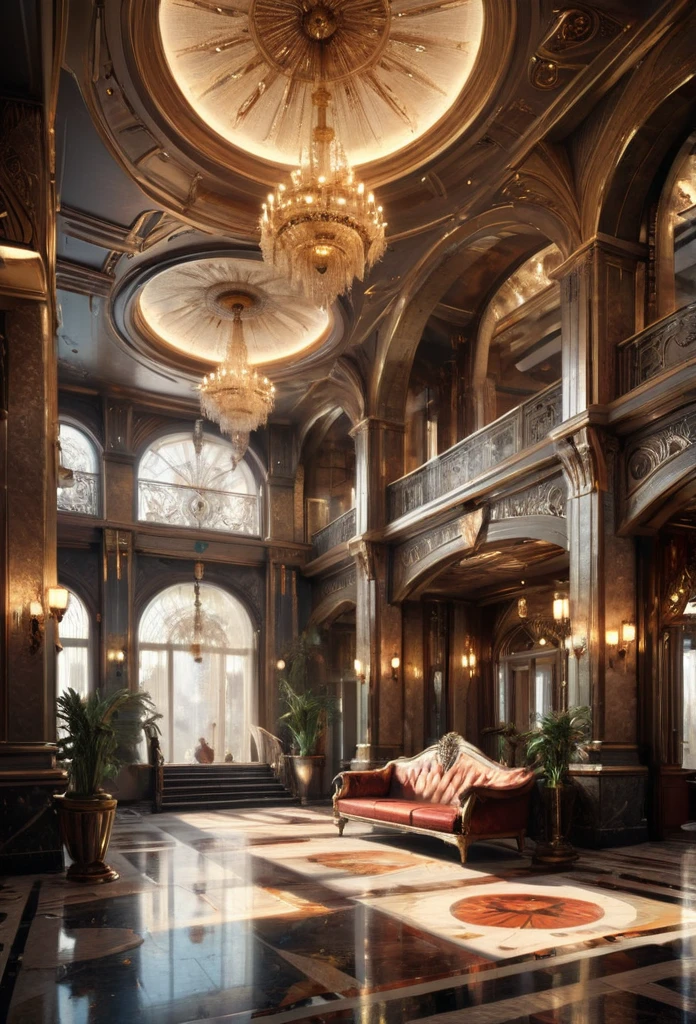 Art Deco, Palace lobby, by Andrew Atroshenko, octane render, fantasy art, whimsical, intricate, (best quality, masterpiece, Representative work, official art, Professional, 8k)