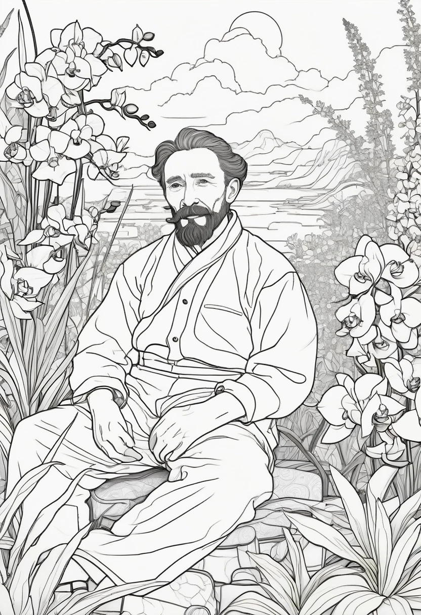 Line drawing, Pixar style, coloring page,Vicent van gogh resting among vibrant orchids in an Asian-inspired  ColoringBookAF,blank white background,ColoringBookRedmond-ColoringBook