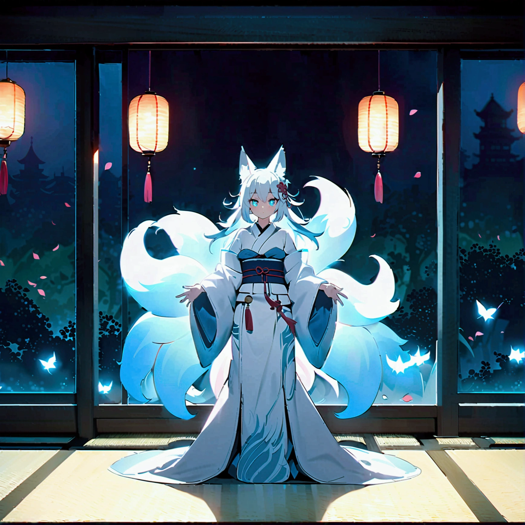 fox Light blue hair beast girl indigo fur fox beast girl fox Light blue hair beast girl indigo fur fox beast girl Wallpaper 4k,8k,highly detailled,,vivid colors,detailed kitsune with 9 tails,traditional Japanese artwork,tatami floor,beautiful cherry blossoms,floating lanterns,dark silhouette of a pagoda,subtle moonlight,dense forest,ethereal atmosphere,dappled sunlight,whimsical spirit,serene expression,elaborate kimono and obi,delicate hand-painted details,luminous eyes Anime Style fox blue White-faced golden-haired nine-tailed fox Coat blue fox Light blue hair beast girl indigo fur fox beast girl Anime Style fox blue White-faced golden-haired nine-tailed fox Coat blue mysterious background Blue Flame girl have a ball of light fox Light blue hair beast girl indigo fur fox beast girl mysterious background Blue Flame girl have a ball of light Anime Style fox blue White-faced golden-haired nine-tailed fox Coat blue mysterious background Blue Flame girl have a ball of light