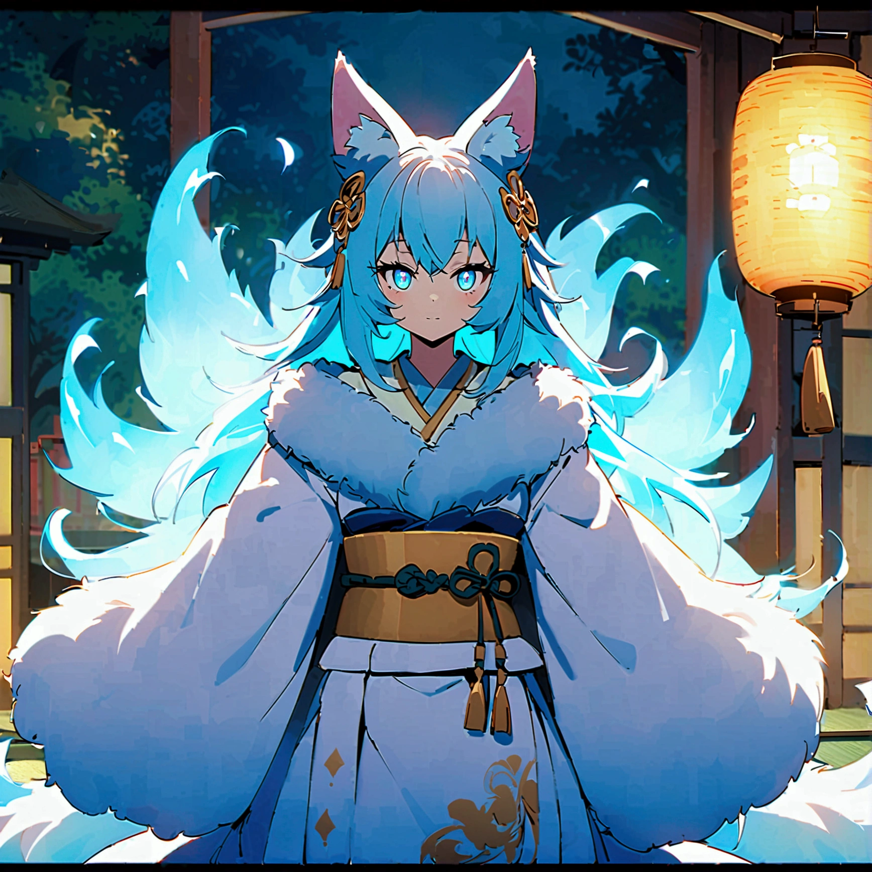 fox Light blue hair 　beast girl　indigo fur　fox beast girl　fox Light blue hair 　beast girl　indigo fur　fox beast girl　Wallpaper 4k,8k,highly detailled,,vivid colors,detailed kitsune with 9 tails,traditional Japanese artwork,tatami floor,beautiful cherry blossoms,floating lanterns,dark silhouette of a pagoda,subtle moonlight,dense forest,ethereal atmosphere,dappled sunlight,whimsical spirit,serene expression,elaborate kimono and obi,delicate hand-painted details,luminous eyes　Anime Style　fox　blue　White-faced golden-haired nine-tailed fox　Coat blue　　fox Light blue hair 　beast girl　indigo fur　fox beast girl　Anime Style　fox　blue　White-faced golden-haired nine-tailed fox　Coat blue　　　mysterious background　Blue Flame　girl　have a ball of light　fox Light blue hair 　beast girl　indigo fur　fox beast girl　mysterious background　Blue Flame　girl　have a ball of light Anime Style　fox　blue　White-faced golden-haired nine-tailed fox　Coat blue　　　mysterious background　Blue Flame　girl　have a ball of light