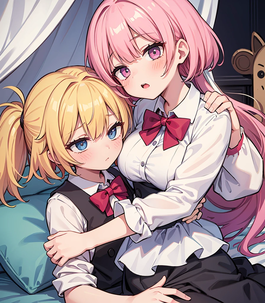 masterpiece, Highest quality, so beautiful, absurdists,High resolution,One girl, One boy,Cuddling in bed, like,sexly,Look at each one, blush,Age difference,bow tie,blondes,chest,Long Hair,Pink Hair,Tucked in shirt,short hair,skirt,Tent shirt,Slut,Big breasted sister and brother,Siblings, trousers,Pushing her big tits against her brother,(My brother's small erect penis),((((姉のvery huge breasts,Sister crushes her big tits in her brother's face)))),(((((Very huge breasts))))),(((((small penis,NSFW,Soft Very HUGE breasts))))),((Bursting Breasts,弟の顔を隠すHuge breasts)),((((((((Huge breasts,Large Breasts,とてもLarge Breasts、すごくLarge Breasts、とてつもなくLarge Breasts)))))))),Two people gazing at each other,puffy nipples