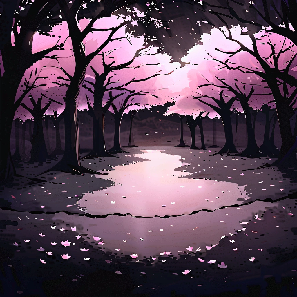 On a cloudy and gloomy day, with dense clouds blocking almost all sunlight, the landscape is dominated by ancient and twisted cherry blossom trees. Their pale pink flowers contrast with the dark environment, some falling slowly to the ground, creating a delicate carpet over the barren, dark soil. A gentle wind sways the flowers and makes some petals float in the air. The shadows of the trees create distorted shapes on the ground, enhancing the sense of mystery and desolation. The scene's lighting uses dark contrasts, with deep shadows and points of light highlighting the cherry blossoms, resulting in a dramatically impactful image.