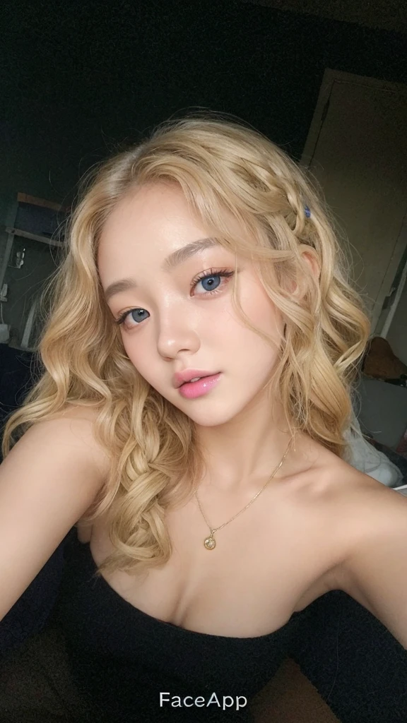girl with korean face,blonde curly hair with a braid, no-makeup, mouth with bright colors, top quality picture.