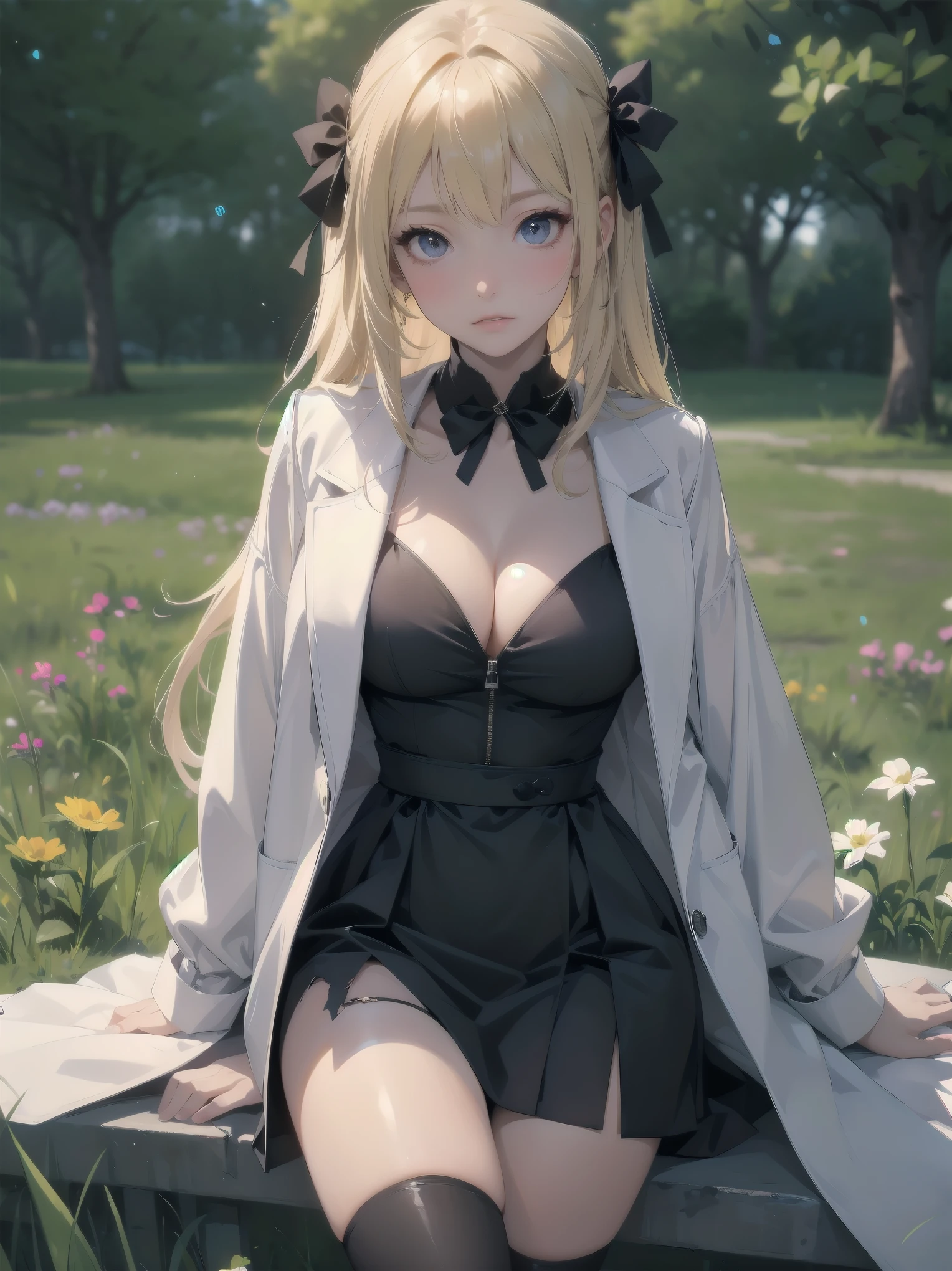 score_9, score_8_up, score_7_up, score_6_up, source_anime, 1girl, solo, cyrille, blonde hair, long hair, hair ribbon, white coat, long sleeves, black dress, black thighhighs, white boots, sitting, spread legs, field, torn clothes, cleavage, medium breasts, looking at you, clenched teeth, blush, embarrassed,