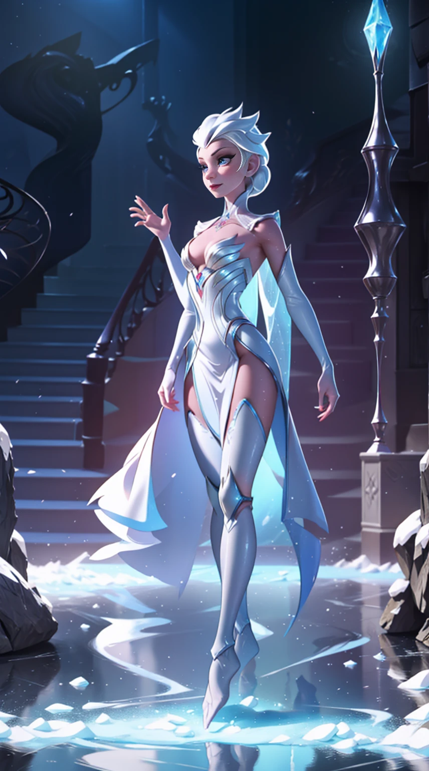 ((Full body photo, standing, feet on the floor)) Elsa-Elise Fusion, Merging templates, Elsa's white hair, ice particles, melting, 1girl, Beautiful, (master part:1.2), (best quality:1.2) , ((fighting pose)), ((battlefield)), cinemactic, perfect eyes, perfect skin, perfect lighting, smile, light, color, textured skin, detail, beauty, wonder, ultra-detailed, perfect face