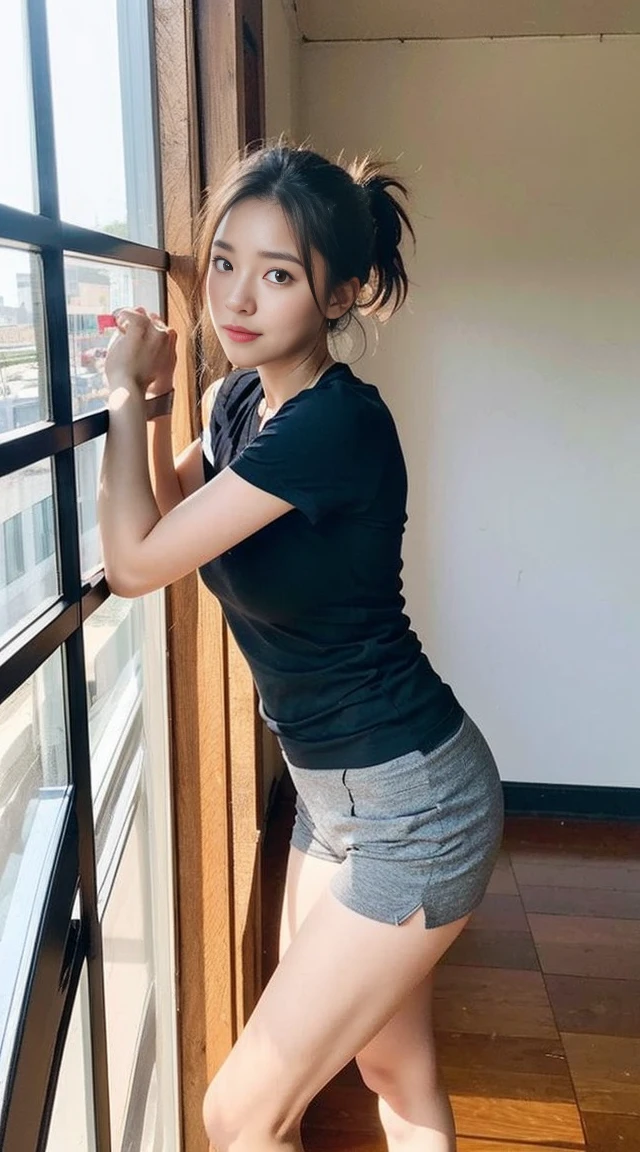 Dark brown hair、Light brown eyes、Japanese actress、 Lady、I am about 40 years old.......、(Intricate details:1.2)、 (Ultra-high resolution:1.2)、Ultra-high resolution、(Finely tuned)、(Detailed facial features)、Hmph、8K resolution、D cup size breasts、Long Hair、Bright terrace room with sunlight streaming in、Large windows、Extravagant space、relax、、,Full body photo、Head to toe shot、Beautiful feet、black Loose fit openwork T-shirt、Underwear shorts、Beautiful feet、Bright terrace room with sunlight streaming in、she, household items, (plant:0.8), Fashion Hub, Very detailed, Very detailed, Realistic, Hourglass Shaped Body, Obscene pose,、Messy Hair、Messy ponytail、Leaning against a wall、I cry a lot、tears、Skin is visible through the knit、summer、A masterpiece of transparent painting、
