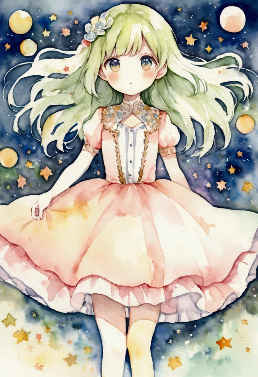 The universe where the stars are twinkling4A girl about age is flying Picture books Watercolor