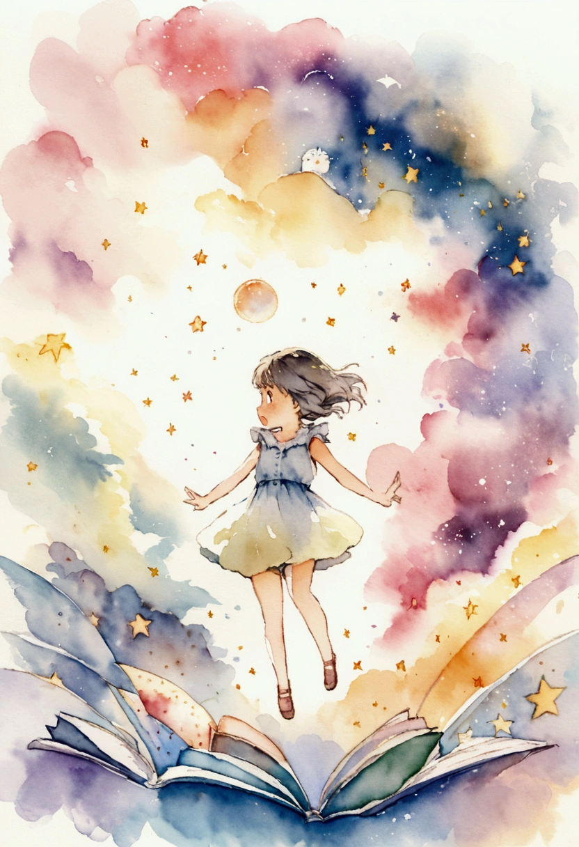 The universe where the stars are twinkling4A girl about age is flying Picture books Watercolor