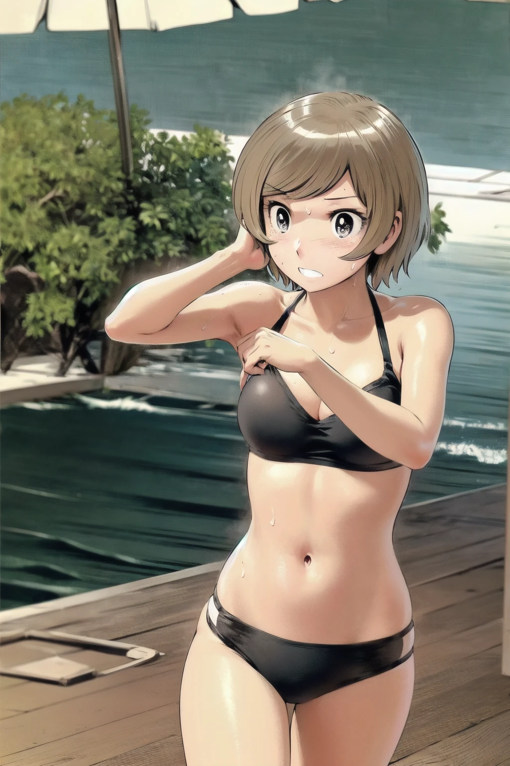 、(masterpiece、Highest quality)、Highest quality, Ultra-high resolution, (((masterpiece))), alone, Sweat、Big eyes, Composition from the front、Shortcuts、Embarrassed face、Bronze colored hair、Cut your hair short、Ocean、Beach、Black Micro Bikini、belly button、short hair、(Bronze colored hair)