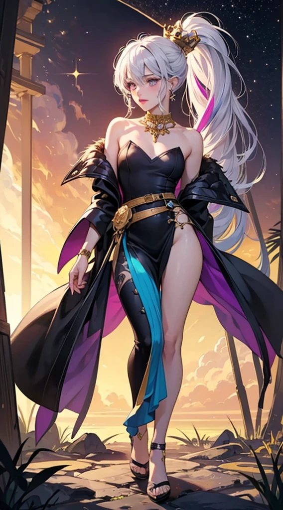 There is lost coliseum there stand female lioness in battle stance, she have ebony colour skin beautiful yellow cat eyes dark gold eyeshadows make up, ring style earrings, her hair is purple with pink highlights . she dressed in white neather topic with golden parts on countures also short and white leather straps on her cat legs instead of boots, her hands have hude ruby claws on her fingers, (ultra high quality fantasy art, anime fantasy style, masterpiece, ultra high quality character design, 8k quality anime art, realistic anime art, top quality wallpaper illustration, detailed ultra high quality accurate face, high quality design and accurate physic)