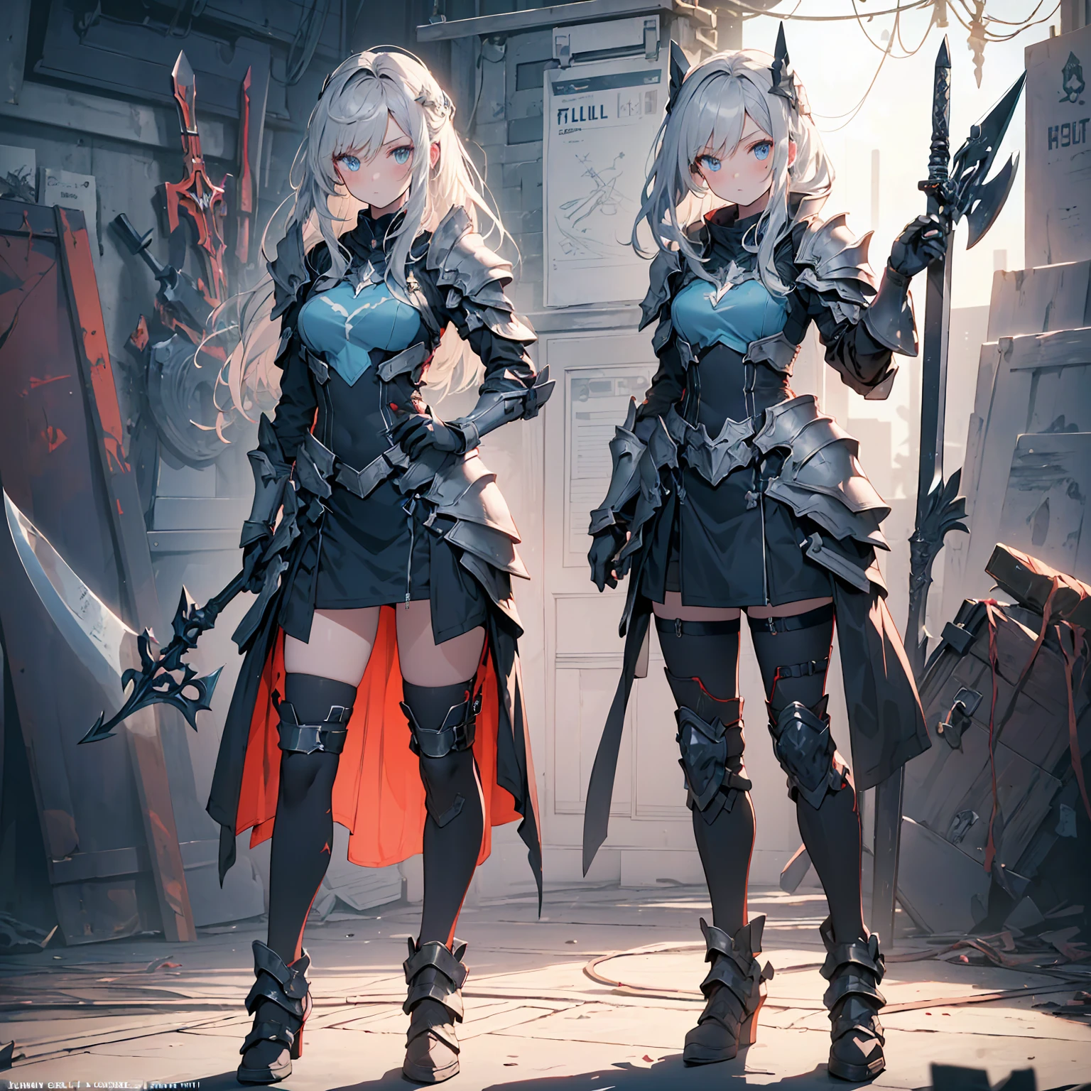 (((masterpiece, best quality, high detailed, 8k))) Design a layout showcase Gaming character, (1girl). Silver|Blue clothes, stylish and unique. ((showcase weapon:1.4)), lightning rod. (masterpiece:1.2), (best quality), 4k, ultra-detailed. (Step by step design, layout art:1.5), (luminous lighting, atmospheric lighting). storm mage, ((glove full hands)), (((revealing clothes:1.3))), vambraces, armored legwear, (((full_body_shot:1.4))). {During a thunderstorm}.