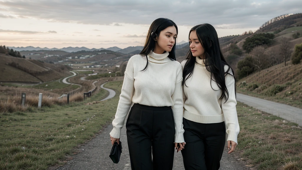 a girl(who is wearing white highneck sweater and black pant, long black hair ) is walking with an old lady ,more realistic, background green hills, evening scene