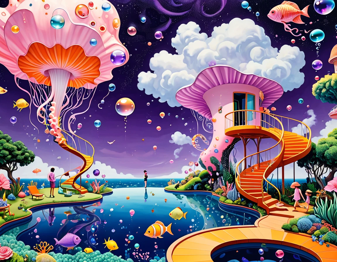 "Dick Ellescas Artist Style",3D transparent conch swimming pool in the sky,Champagne soda,Parties,沐浴的章fish,Platform、Swimming ring、Starry Sky、cloud,fish、Tentacles、bird、Eye、Soap bubbles,diatom,Spiral Staircase,Multiple people silhouettes、Stitching together an abstract painting,Describing the inner world of autistic people,Sense of space,White Space,interesting,Innocence,Psychedelic Art,Dense pointillism,Pink theme,Bold contrasts,Purple and Orange