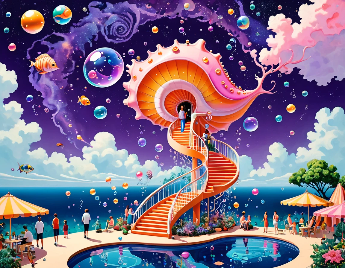 "Dick Ellescas Artist Style",3D transparent conch swimming pool in the sky,Champagne soda,Parties,沐浴的章fish,Platform、Swimming ring、Starry Sky、cloud,fish、Tentacles、bird、Eye、Soap bubbles,diatom,Spiral Staircase,Multiple people silhouettes、Stitching together an abstract painting,Describing the inner world of autistic people,Sense of space,White Space,interesting,Innocence,Psychedelic Art,Dense pointillism,Pink theme,Bold contrasts,Purple and Orange