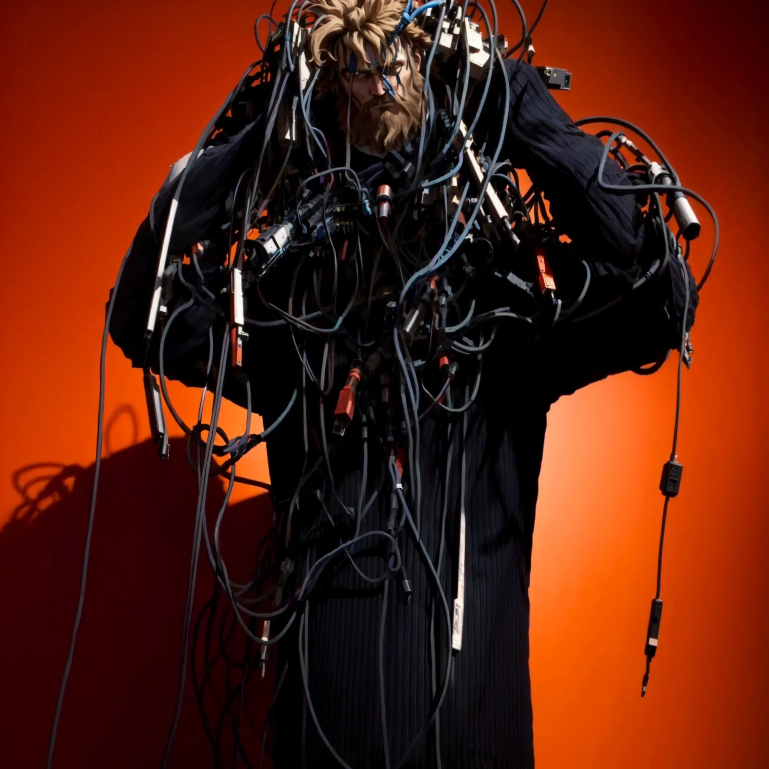 shaggy man with a bunch of wires on his head,