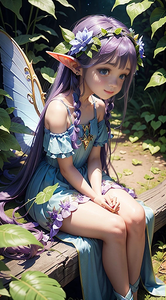 cute little fairy, big angel wings, blue and purple gradient long hair, pointed ears, flower crown, dress made of leaves, leaf dress, lots of flowers, leaves, sitting on a big leaf, leaves, big flower, flower crown, sunlight, sitting, sparkling, light, smiling gently