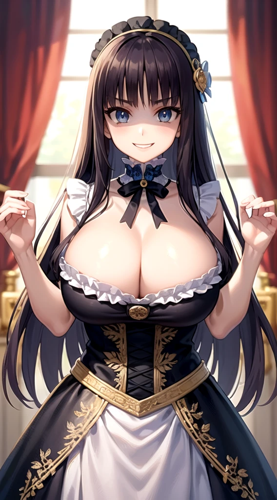 ((Anime art style)),(masterpiece),(Highest quality), (Very detailed),((Very delicate and beautiful)),((alone)),((whole body)),((1 princess in a gorgeous Victorian dress)),Lots of frills,Detailed face and eyes,Jewel-like eyes,((There is a volume and、Very long straight hair)),((Gorgeous embroidery and lace)),Gorgeous corsage,See through,gorgeous hair accessory,Gorgeous sparkling jewel tiara,Gorgeous frills,((Huge breasts,Long chest)),Skin dents,((whole body)),((Skirt of Hope,crinoline)),Standing pose,Dynamic Angle,Show Viewer,Royal Victoria Palace,(((A gorgeous Victorian dress with rich embroidery)),whole body,Big Breasts, Grin、With a creepy smile, A smile with downturned corners,View your audience, blush, Open your mouth,Please place your hand on your chest