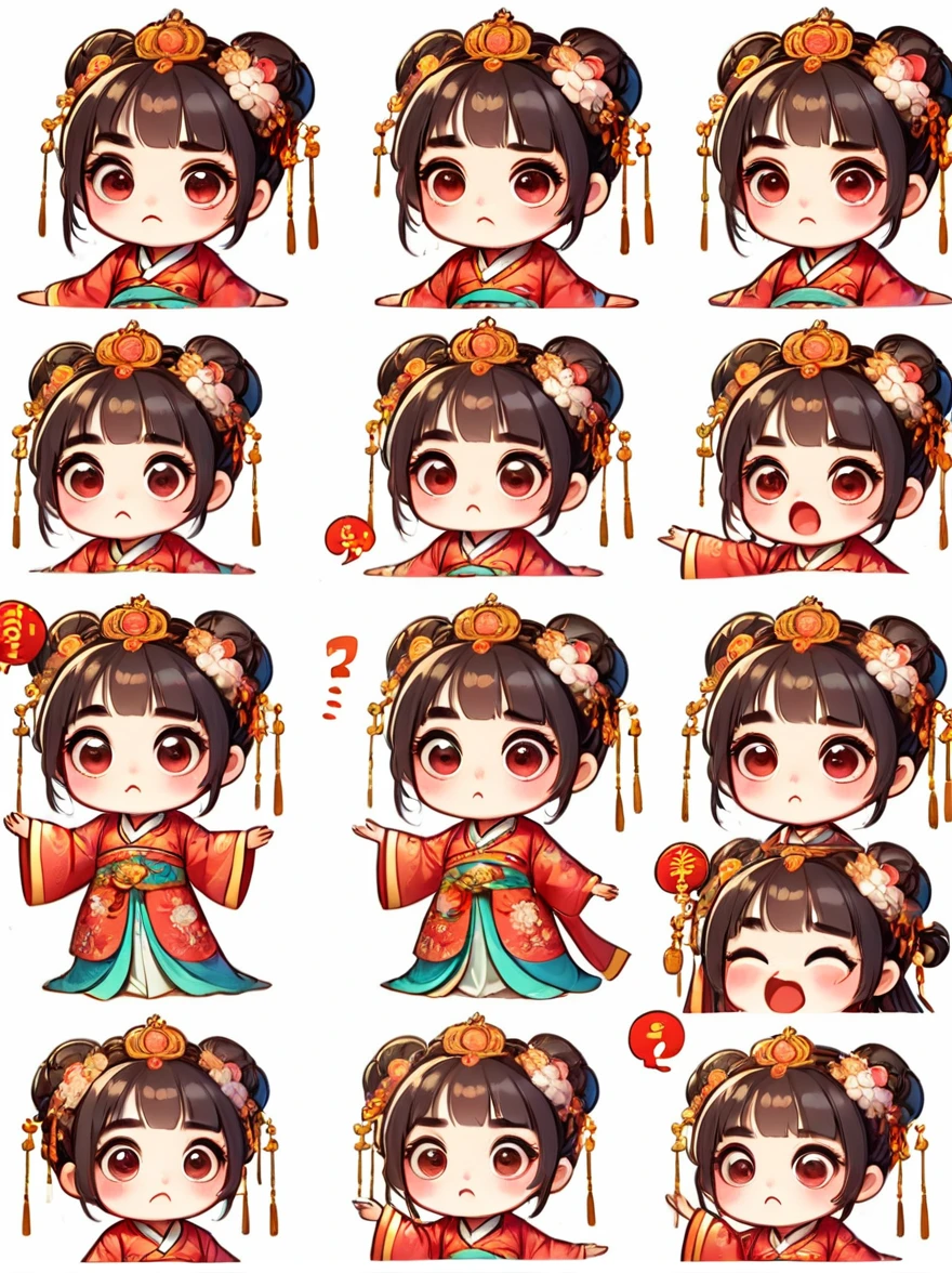 Cute and humorous Q version Chinese girl，big eyes，bust，sticker，6 different facial expressions，expression board，Various poses and expressions，Anthropomorphic style，Ancient and classic style，Showing a variety of emotions，Cartoon illustration，Vector illustration, (Nine Palace Grid Layout: 1.5)，(White background:1.5)，Clear outline，Perfect details，Clear boundaries，No crossover