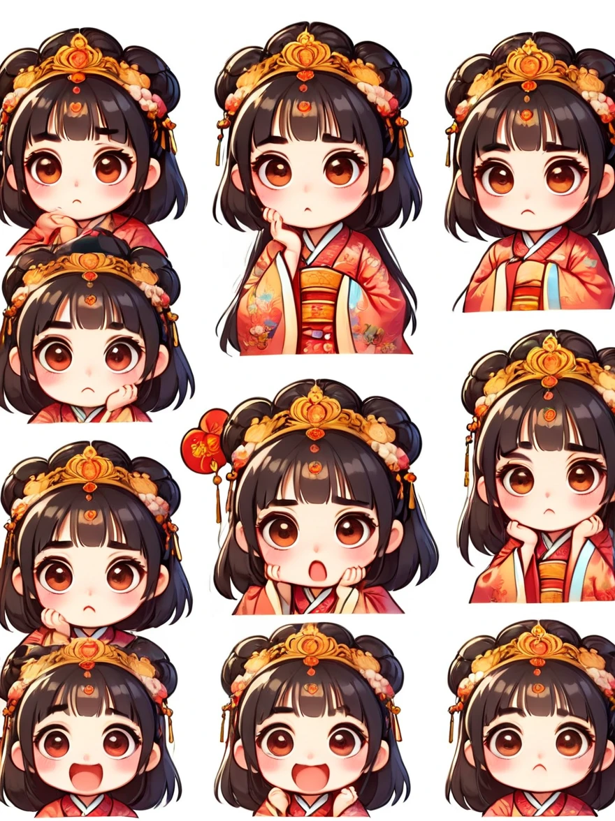 Cute and humorous Q version Chinese girl，big eyes，bust，sticker，6 different facial expressions，expression board，Various poses and expressions，Anthropomorphic style，Ancient and classic style，Showing a variety of emotions，Cartoon illustration，Vector illustration, (Nine Palace Grid Layout: 1.5)，(White background:1.5)，Clear outline，Perfect details，Clear boundaries，No crossover