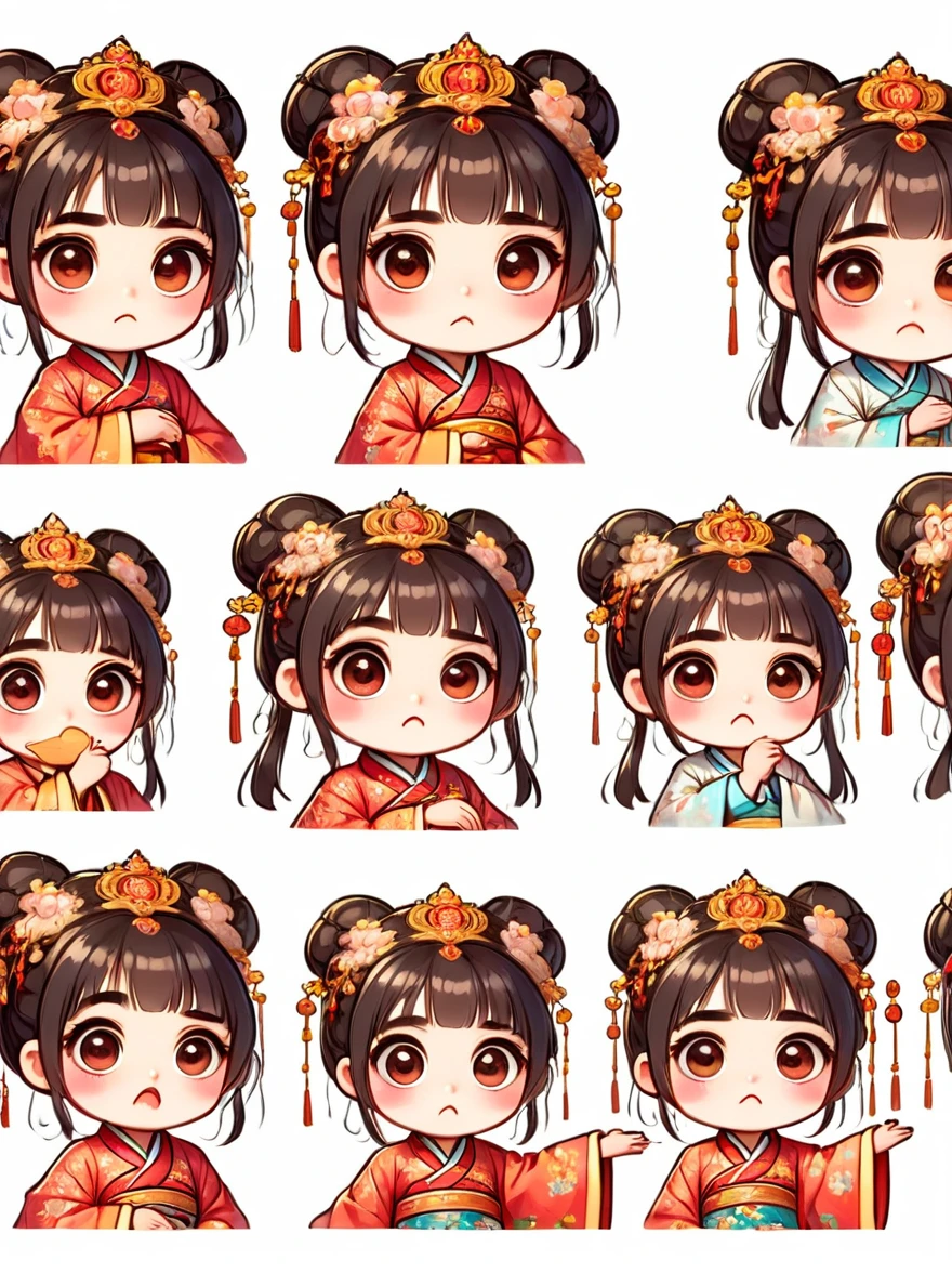 Cute and humorous Q version Chinese girl，big eyes，bust，sticker，6 different facial expressions，expression board，Various poses and expressions，Anthropomorphic style，Ancient and classic style，Showing a variety of emotions，Cartoon illustration，Vector illustration, (Nine Palace Grid Layout: 1.5)，(White background:1.5)，Clear outline，Perfect details，Clear boundaries，No crossover