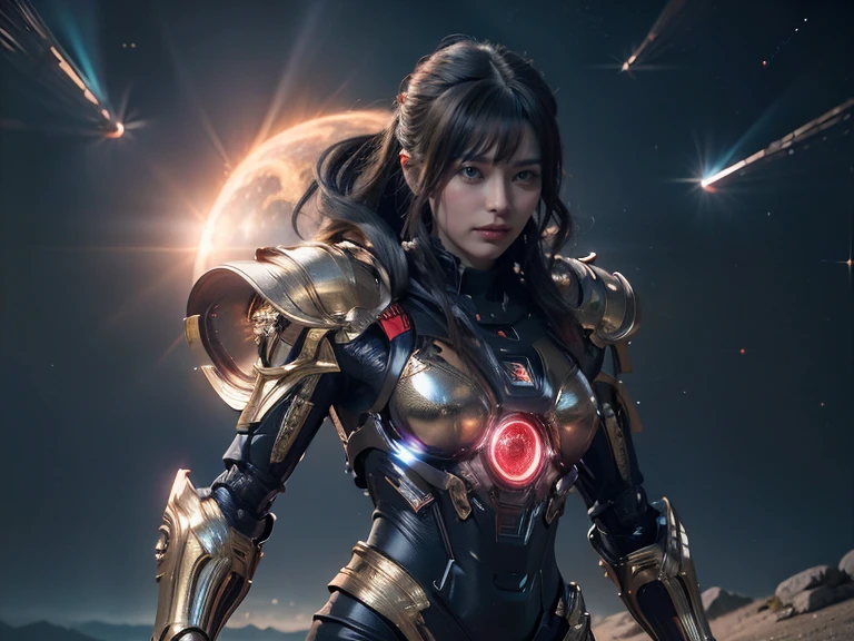 (RAW Photos, Highest quality), (Realistic, Realistic:1.3), 1 Girl、Realisticbody、Red light combat suit、Meteor warrior flying from space、Fighting the reptilian aliens、Laser reflection diffusion、Small Shield、Planetary explosion、Robot Soldier