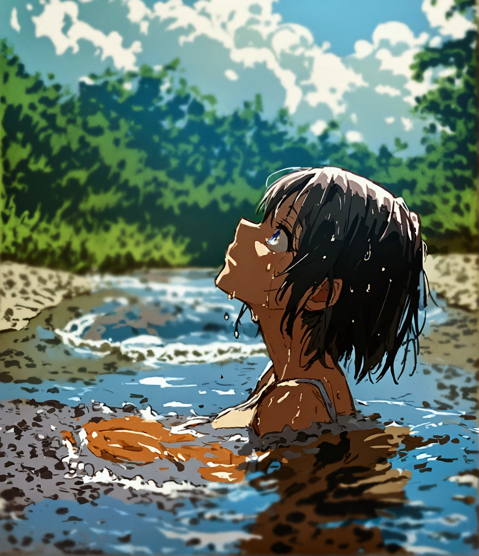 Close-up,A girl drowning in a river, The public is watching, Muddy River, Riverbed, Cloudy, Uneasy atmosphere, That&#39;s horrible...,ponytail,