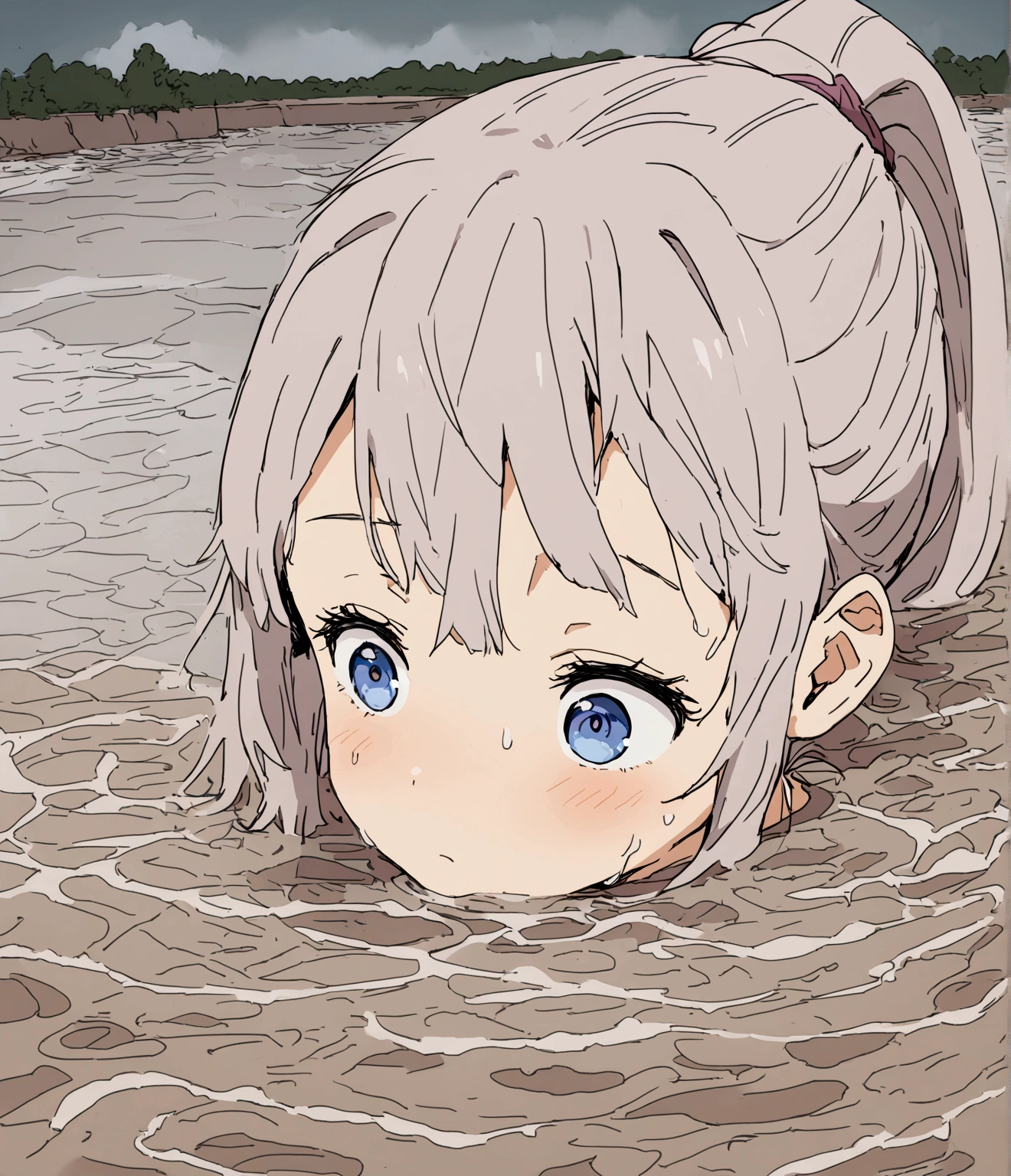 Close-up,A girl drowning in a river, The public is watching, Muddy River, Riverbed, Cloudy, Uneasy atmosphere, That's horrible...,ponytail,