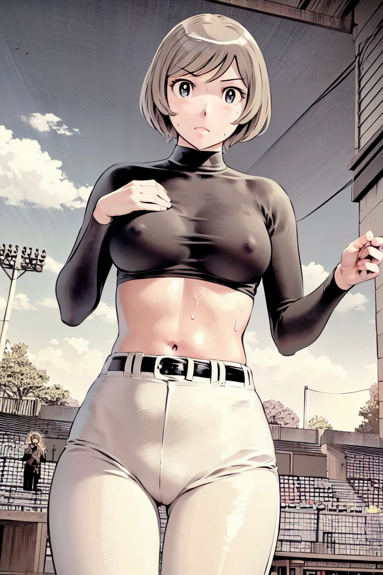 (野球uniform:1.2),
blonde, (short hair:1.2),Long sleeve, Black Shirt, turtleneck,White trousers、uniform、Black belt、((Illustration of people))、big 、
View your viewers,, (Highest quality:1.3),One Girl, White pants、uniform、Outdoor、baseball ground、ground、soil、blue eyes、Tight black shirt、(masterpiece、Highest quality)、Highest quality, Ultra-high resolution, (((masterpiece))), alone, Sweat、big eyes、big Breasts、Torn clothes、 Fully exposed、Nipples、One Girl, Front view、Embarrassed face、Bronze colored hair、((short hair))、Stand up straight、Cowboy Shot