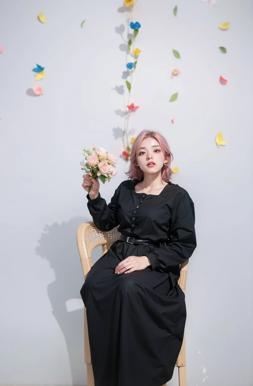 Light pink hair, pink eyes, pink and white, sakura leafs, vivid colors, white dress, paint splash, simple background, ray tracing, wavy hair