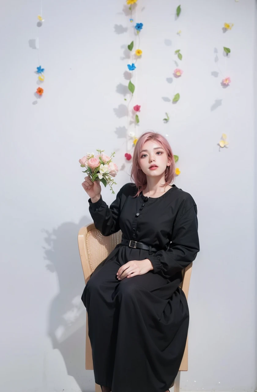 Light pink hair, pink eyes, pink and white, sakura leafs, vivid colors, white dress, paint splash, simple background, ray tracing, wavy hair