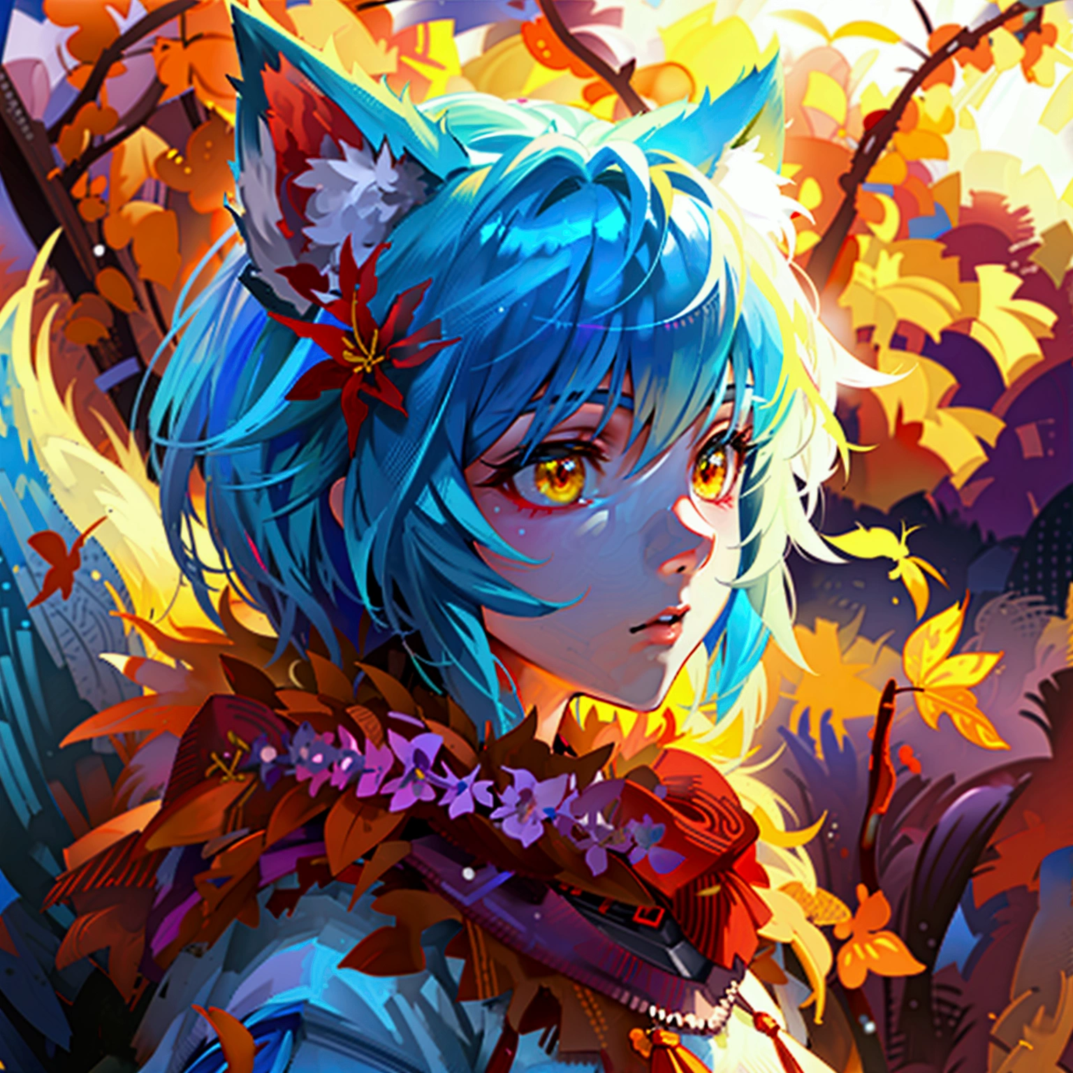 fox Light blue hair beast girl indigo fur fox beast girl Sesshomaru, Yellow eyes, Anime, Perfect face, Perfect Lighting, Outdoors, Warm colors, Dark purple sky, Autumn sunset, \(inuyasha\), Bearing Claw, Ready to fight wave, koi fish, anime artstyle, wide view, fluffy. yellow fox, marking under the eyes, crystal antler ,violet eyes, wearing bandanna, flower petals, Ambient light,Ultra-fine fur,volumettic light,natural lightting,fox tail,nevando,35mm。High quality, high detal, Best quality, hyper HD,individual,Single