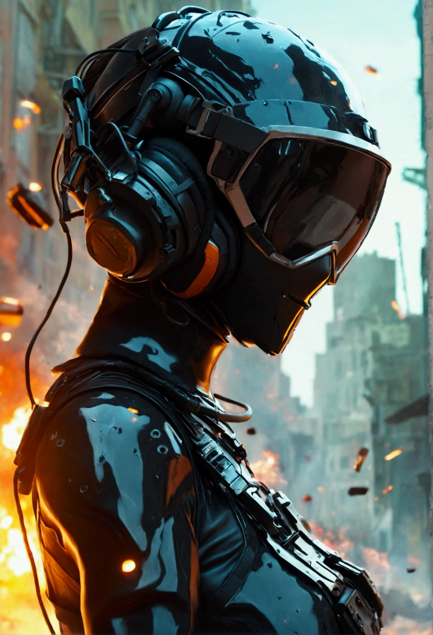 ((high qualiy)), ((work of art)), 8K, rls, bulletproof vest, lightrays, extremely detailed CG unity 8K wallpaper, CG game, gazing at viewer, mitts, booties, whole body, to attend, computer, mask, drone, holding gun, earbuds, jaket, (Destroyed city background , explosion , smoke
