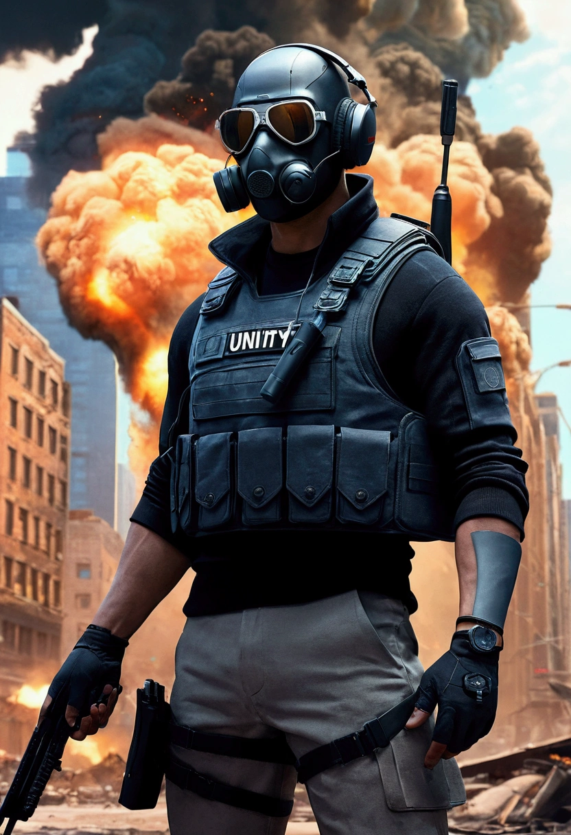 ((high qualiy)), ((work of art)), 8K, rls, bulletproof vest, lightrays, extremely detailed CG unity 8K wallpaper, CG game, gazing at viewer, mitts, booties, whole body, to attend, computer, mask, drone, holding gun, earbuds, jaket, (Destroyed city background , explosion , smoke