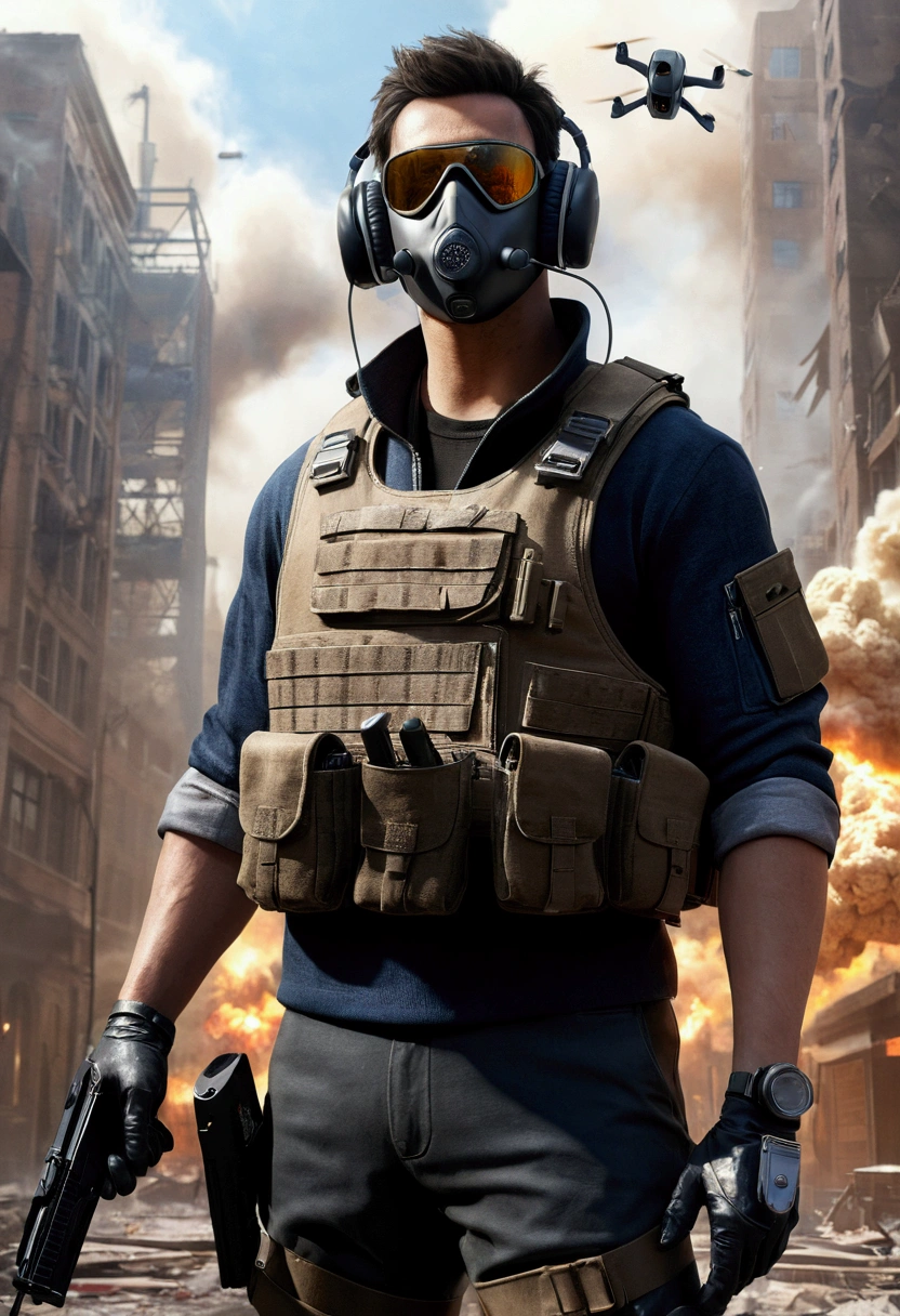 ((high qualiy)), ((work of art)), 8K, rls, bulletproof vest, lightrays, extremely detailed CG unity 8K wallpaper, CG game, gazing at viewer, mitts, booties, whole body, to attend, computer, mask, drone, holding gun, earbuds, jaket, (Destroyed city background , explosion , smoke