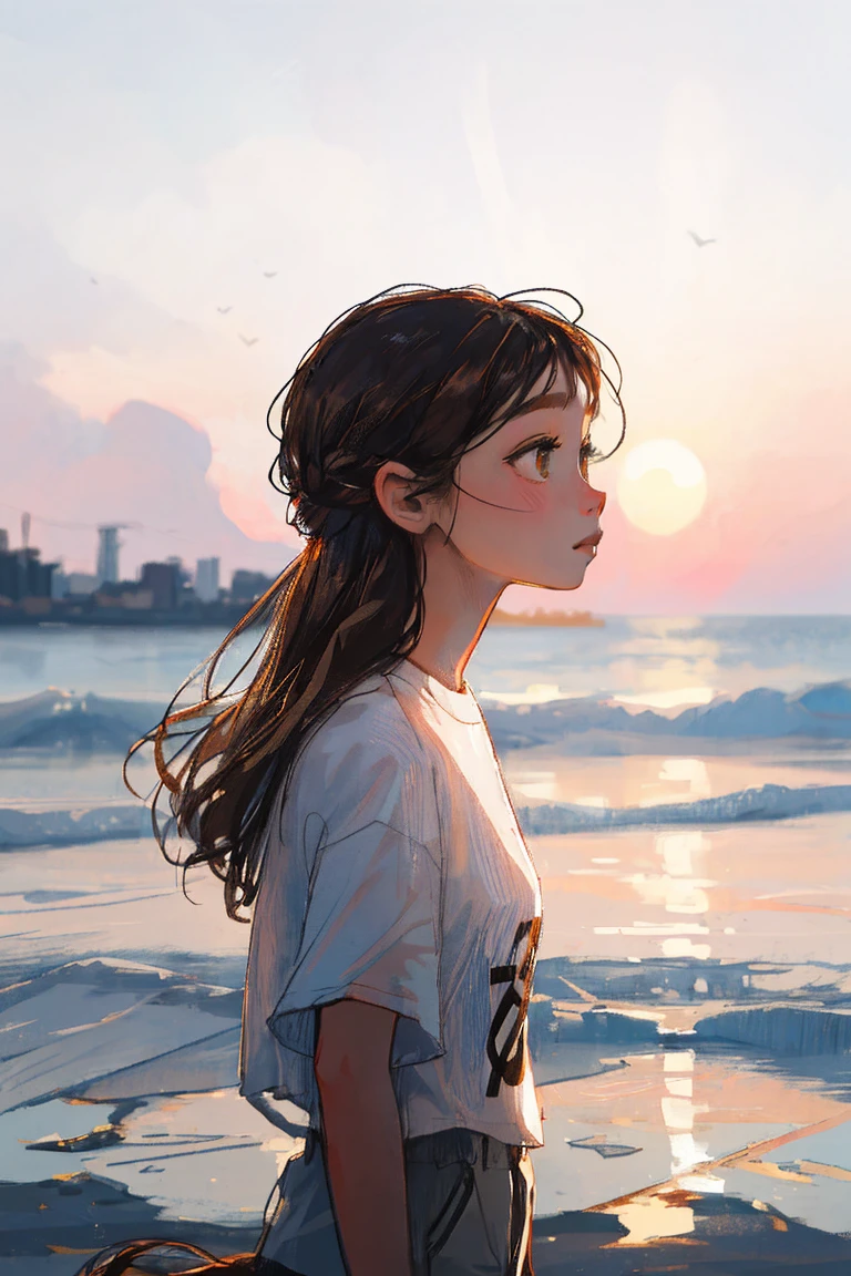 One girl, summer, Brown Eyes, Brown Hair, Blurred, Blurred background, 真summer,iceクリーム, long-tailed , look up, Long Hair, profile, ice, Short sleeve,alone, setting sun ((masterpiece