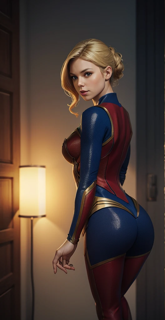 brie larson, captain marvel outfit, medium hair, full body portrait, emphasizing sexual appeal, cleavage)