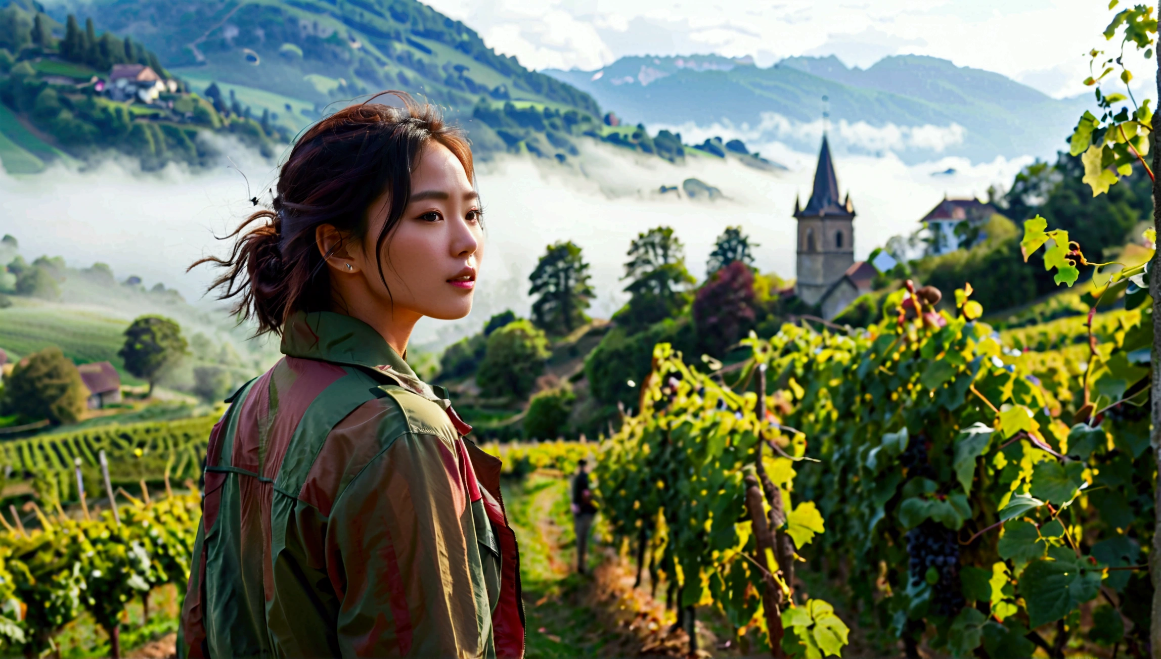 k Best picture quality, Beautiful 36-year-old Korean woman, Chest size 34 inches, Passing through the vineyards in the Swiss countryside, the cathedral is visible through the early morning fog., The back background is realistic and vivid image quality, medium hair, Casual and British - (Short-sleeved windbreaker for summer) ,Perfect and realistic photos, The background is realistic. Full body shot with Canon camera 16-35 wide angle lens, expressionless, Standing on a vineyard hill covered in thick fog, Look at the front camera, Full body photo of someone walking from a distance