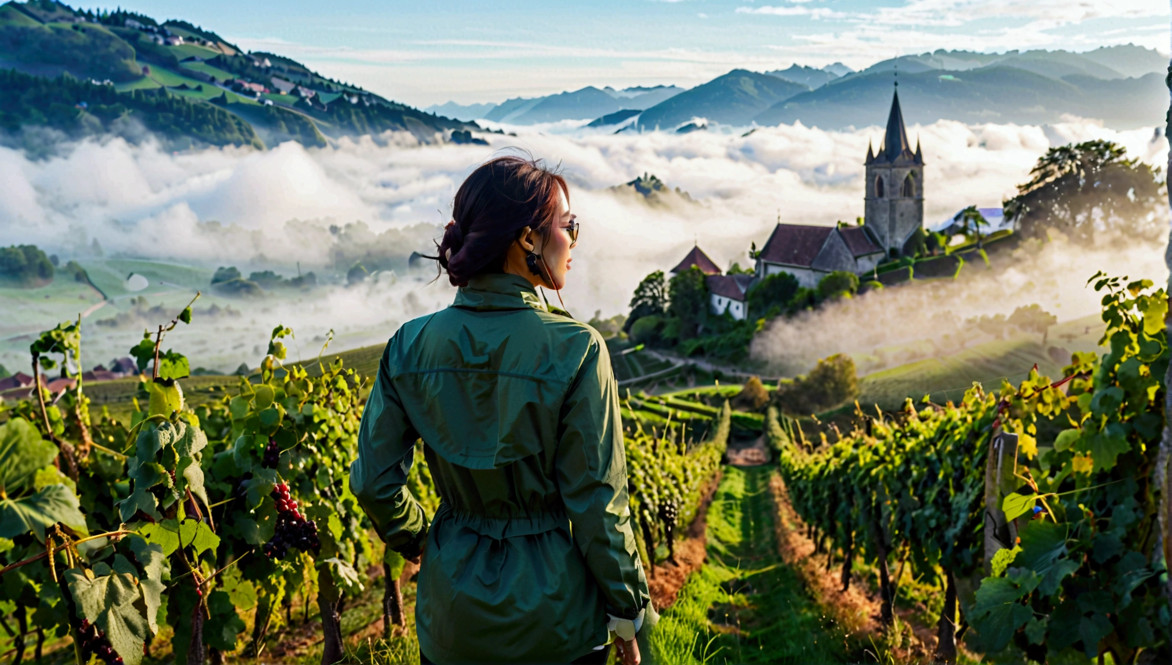 k Best picture quality, Beautiful 36-year-old Korean woman, Chest size 34 inches, Passing through the vineyards in the Swiss countryside, the cathedral is visible through the early morning fog., The back background is realistic and vivid image quality, medium hair, Casual and British - (Short-sleeved windbreaker for summer) ,Perfect and realistic photos, The background is realistic. Full body shot with Canon camera 16-35 wide angle lens, expressionless, Standing on a vineyard hill covered in thick fog, Look at the front camera, Full body photo of someone walking from a distance