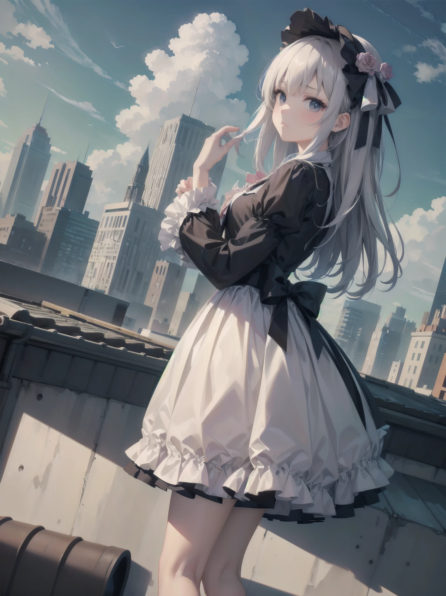 masterpiece、so beautiful、Clear contours、Cute pose of a ta aristocrat、(building, city, cloudy null, Dutch Angle, From the side, Slight frown, View your viewers, Outdoor, rooftop, null, nullscraper