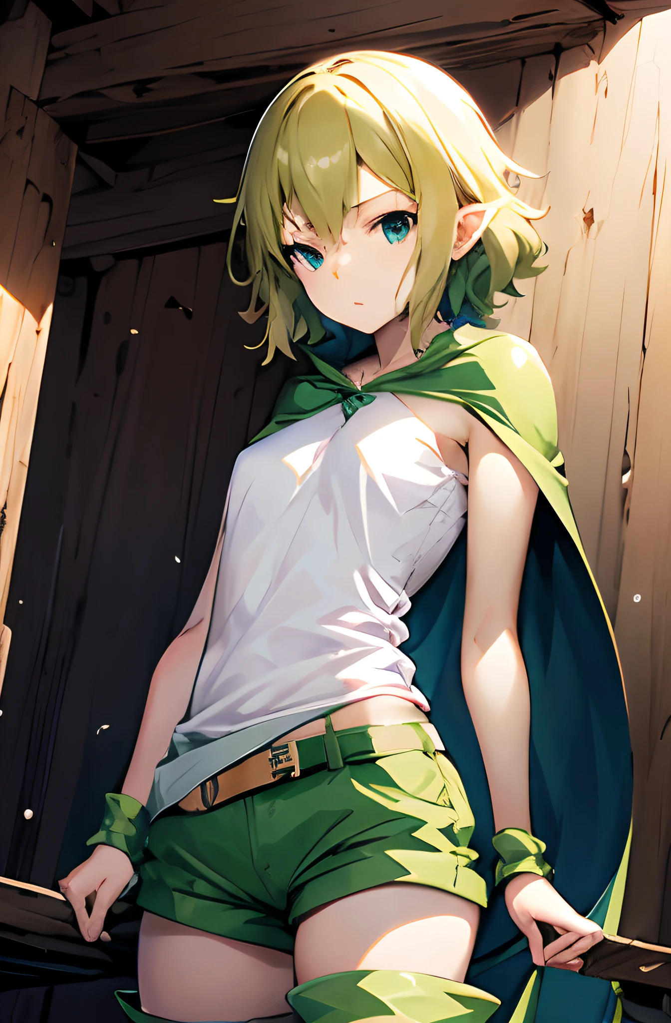 Best quality, table, 超High resolution, Ryu Lev, green shorts, Green Boots, White shirt, green raincoat