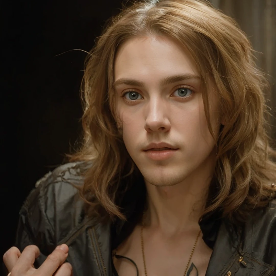 Portrait of naked Christopher Marlowe, extremely detailed face, white skin, piercing icy blue eyes, silky shoulder-length golden-brown hair, refined features, charp jawline, clean shaved, Art Nouveau style, Mucha style, Mucha background, realism, high quality