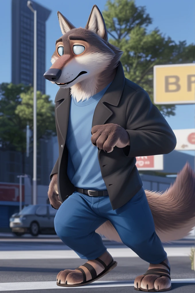 Emilia (Zootopia), Wolf, Gray Fur, (brown body:1.3), Blue eyes, Zootopia, dressed,blue jacket,shirt,blue pants,red,women&#39;sandals,female breast,canine, wolf, detailed fur, Female, second, paw pads, finger claws, At the viewer, 5 fingers, paws, 5 fingers,I&#39;m sitting in the office and working,mood,open mouth, cameras with flash, loves,розовые women,sandals каблуки, female breast, 
BREAK from nextel, for dating, by xenoforge, (difficult, high detail, film photography, soft focus, RAW, fluororealism, realistic, photorealistic, analog style, Subsurface scattering,стесняется носить sandals на каблуках, 
masterpiece, Best quality, ultra realistic, 8 thousand.)