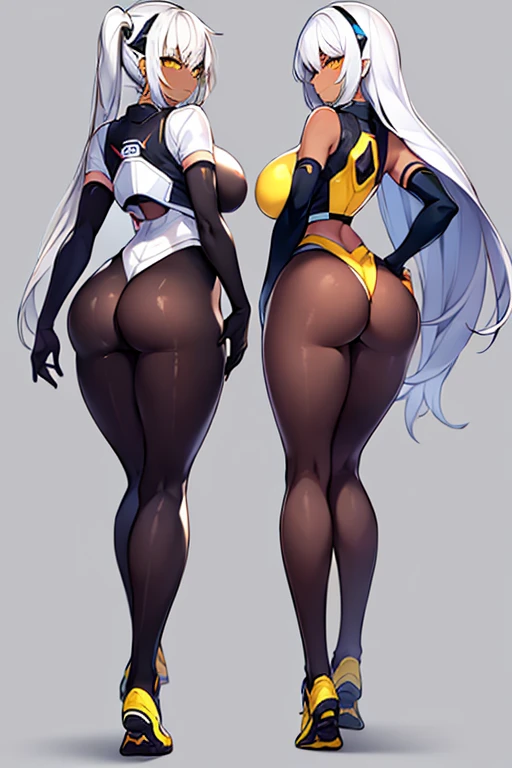 2girls, dark-skinned females, dark-skinned female, dark skin, white hair, long hair, very short hair, large breasts, breasts, wide hips, yellow eyes, smile, smirk, smug, bodysuit, black bodysuit, white trim, sleeveless, black pantyhose, pantyhose, futuristic, tech, science-fiction, machinery, full body, ((full body)), from behind, ass, sneakers, wants to have sex, arched back, grabbing own ass, hands on ass, hand on own ass