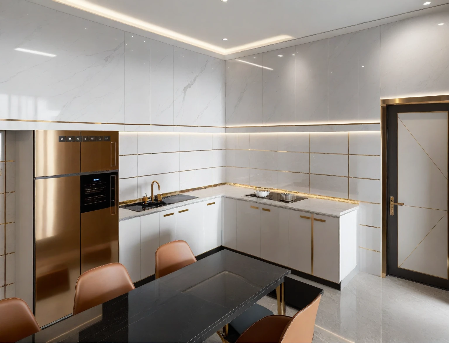 Raw photo,Masterpiece, high quality, best quality, authentic, super detail,
indoors, interior , (( KITCHEN AND DINING ROOM :1.3)), modern style, daylight, (WHITE WALL),luxury, marble tile floor,