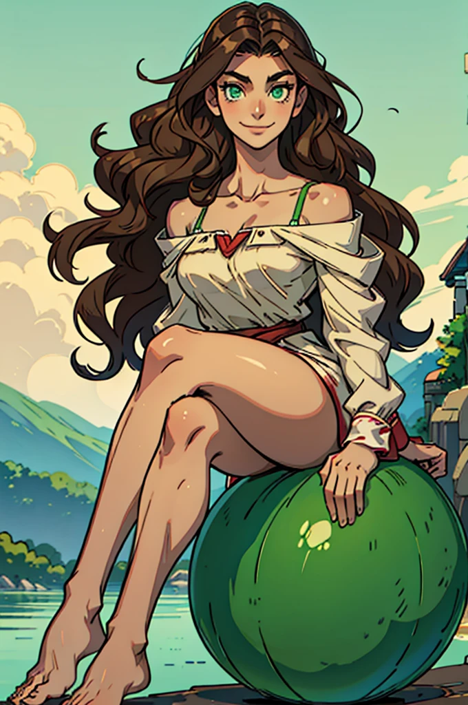 Women, 165 cm, slim, Brown hair, wavy hair, shoulder hair, green eyes, large eyes, soft skin, clear skin, Oval face, small nose, round mouth, smiling, Upright and confident posture, High shoulders, pieranas slims, long legs, wide ankles, small feet, modern but casual clothing, pajamas