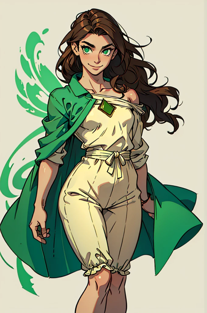 Women, 165 cm, slim, Brown hair, wavy hair, shoulder hair, green eyes, large eyes, soft skin, clear skin, Oval face, small nose, round mouth, smiling, Upright and confident posture, High shoulders, pieranas slims, long legs, wide ankles, small feet, modern but casual clothing, pajamas