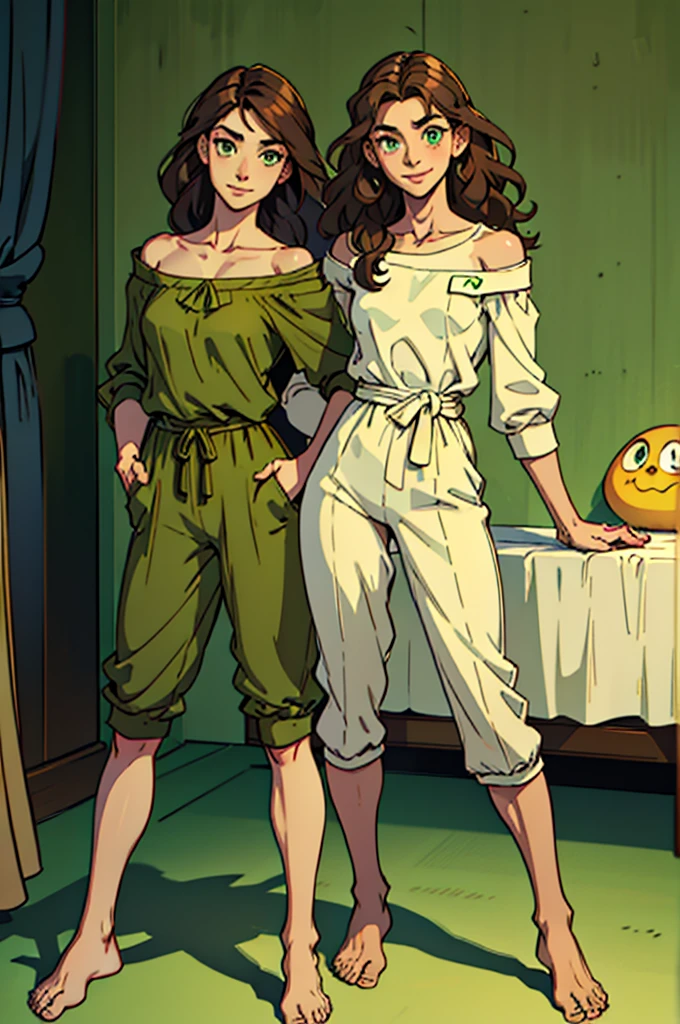 Women, 165 cm, slim, Brown hair, wavy hair, shoulder hair, green eyes, large eyes, soft skin, clear skin, Oval face, small nose, round mouth, smiling, Upright and confident posture, High shoulders, pieranas slims, long legs, wide ankles, small feet, modern but casual clothing, pajamas