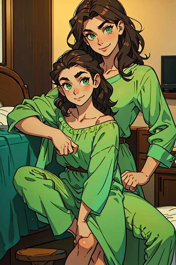 Women, 165 cm, slim, Brown hair, wavy hair, shoulder hair, green eyes, large eyes, soft skin, clear skin, Oval face, small nose, round mouth, smiling, Upright and confident posture, High shoulders, pieranas slims, long legs, wide ankles, small feet, modern but casual clothing, pajamas